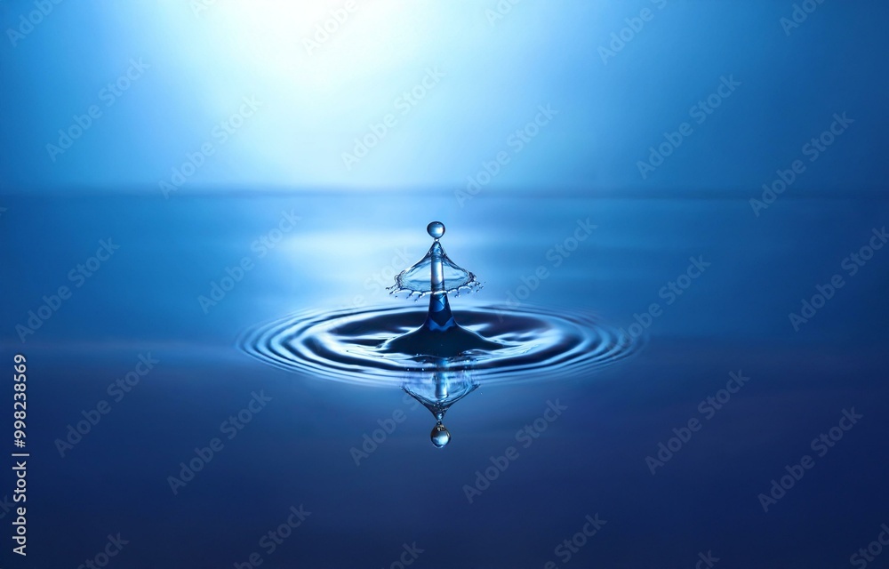 Poster a single water drop falls into a still body of water, creating a crown-like splash with ripples spre