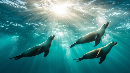 Obraz premium Playful Seals Swim Gracefully Beneath the Waves, Bathed in Sunlight and Creating Bubbles in Their Beautiful Ocean Habitat