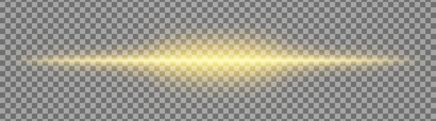 Horizontal yellow, golden light effect isolated on transparent background. Bright glowing beam with lens flare and soft glow. Graphical patch of reflected light. Abstract rays. Vector illustration.