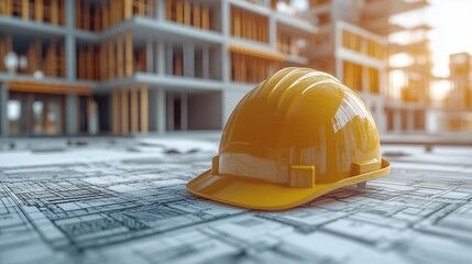 Close-up of a yellow hard hat resting on building plans, highlighting the intersection of architecture, construction planning, and real estate development.