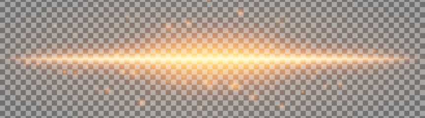 Horizontal yellow, golden light effect isolated on transparent background. Bright glowing beam with lens flare and soft glow. Graphical patch of reflected light. Abstract rays. Vector illustration.