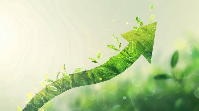 A green arrow with leaves sprouting from its surface, symbolizing growth and renewal
