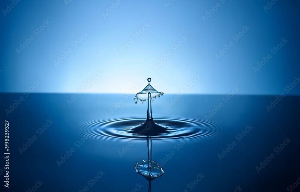 Poster Water drop splashing into a still body of water, creating a crown shape and ripples.