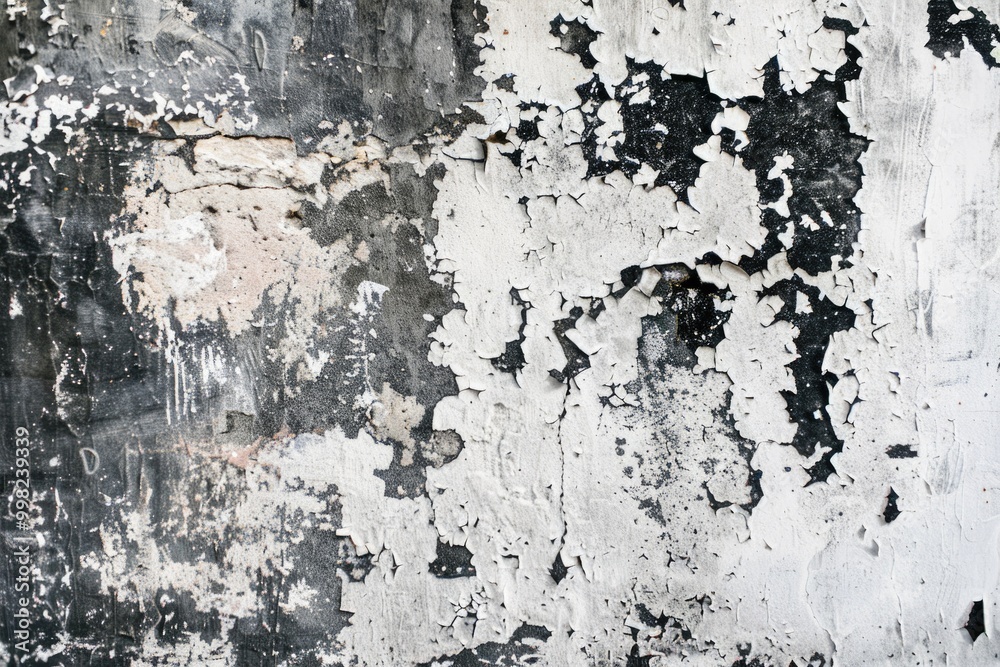 Poster a close-up shot of a white and black wall with peeling paint, suitable for use in architectural or r