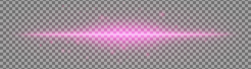 Horizontal purple light effect isolated on transparent background. Bright glowing beam with lens flare and soft glow. Graphical patch of reflected light. Abstract rays. Vector illustration.