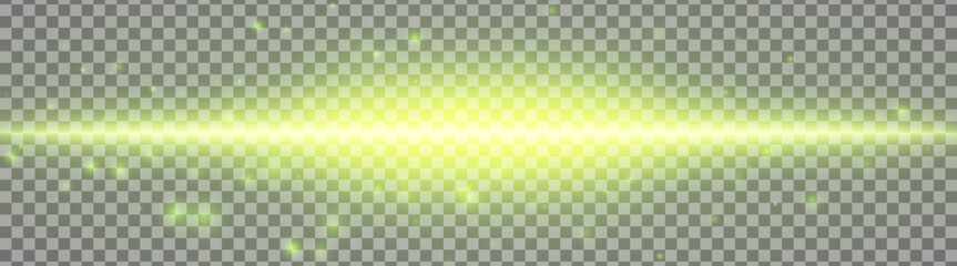 Horizontal yellow light effect isolated on transparent background. Bright glowing beam with sparkles and lens flare. Graphical patch of reflected light. Abstract rays. Vector illustration.