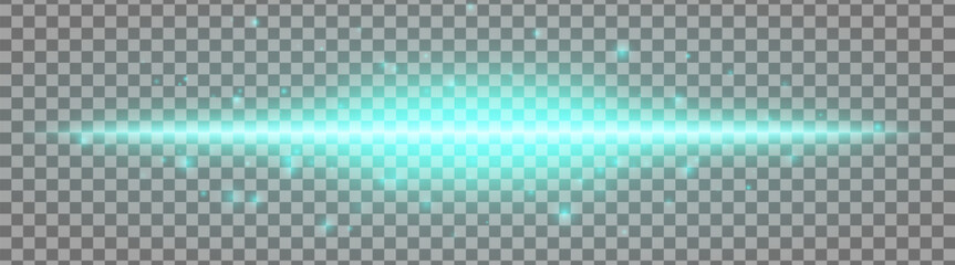 Horizontal blue light effect isolated on transparent background. Bright glowing beam with sparkles and lens flare. Graphical patch of reflected light. Abstract rays. Vector illustration.