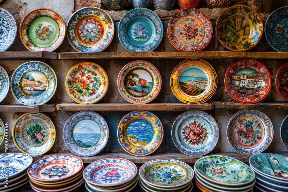 Poster a shelf filled with stacked dinner plates in various colors and designs