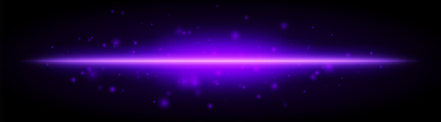Horizontal purple light effect isolated on dark background. Bright glowing beam with sparkles and lens flare. Graphical patch of reflected light. Abstract rays. Vector illustration.