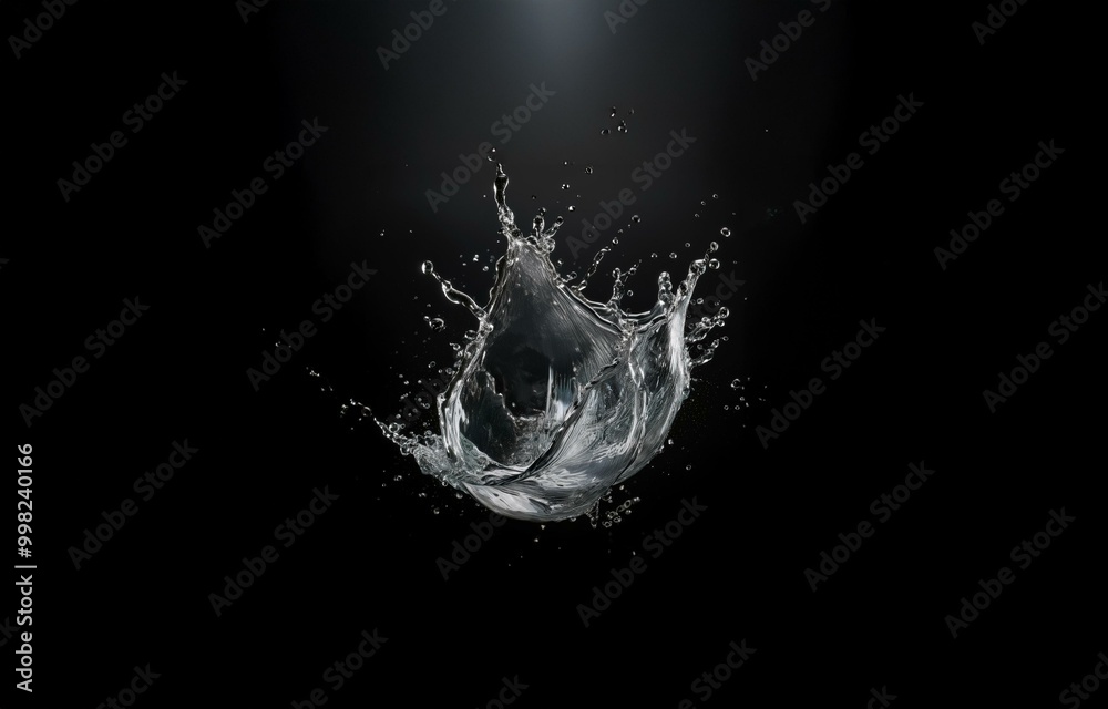 Poster a single water drop splashes against a dark background, creating a crown-like wave.