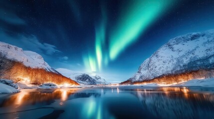 Naklejka premium Aurora sky with the lights reflecting on a frozen lake, creating a magical and serene setting for winter-themed campaigns.