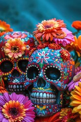 Fototapeta premium A skull surrounded by colorful flowers, great for Halloween or dark-themed projects