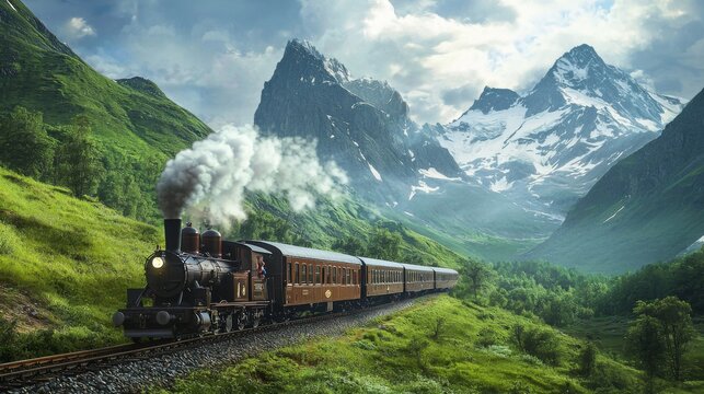 Classic train chugging through mountainous region. A vintage steam locomotive on mountain railway