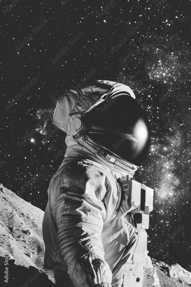Poster black and white image of an astronaut standing on the moon's surface