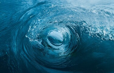 A close-up view of a large wave curling in on itself, creating a dark blue circle in the center.