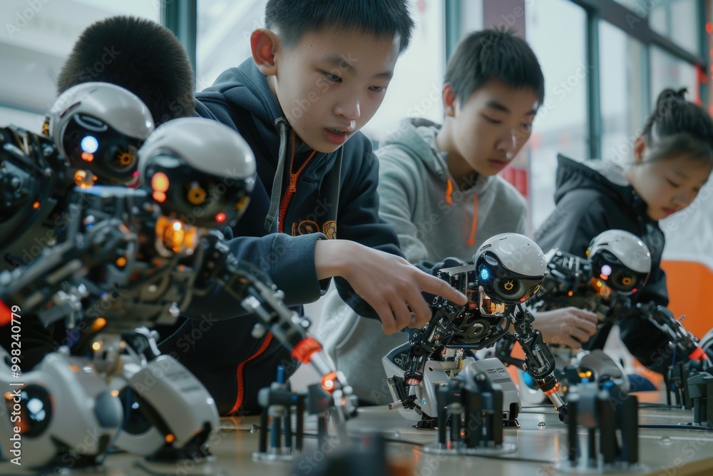Poster A team of engineers and technicians assembling and testing a robotic device, with tools and wires visible