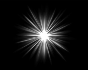 Obraz premium Abstract green star explosion. Glowing starburst effect isolated on dark background. Radiant beams with bright glowing center. Graphical patch of reflected light. Lens flare. Vector illustration.