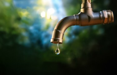 A single drop of water falls from a brass faucet against a blurred green and blue background.