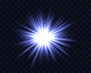 Abstract green star explosion. Glowing starburst effect isolated on dark background. Radiant beams with bright glowing center. Graphical patch of reflected light. Lens flare. Vector illustration.