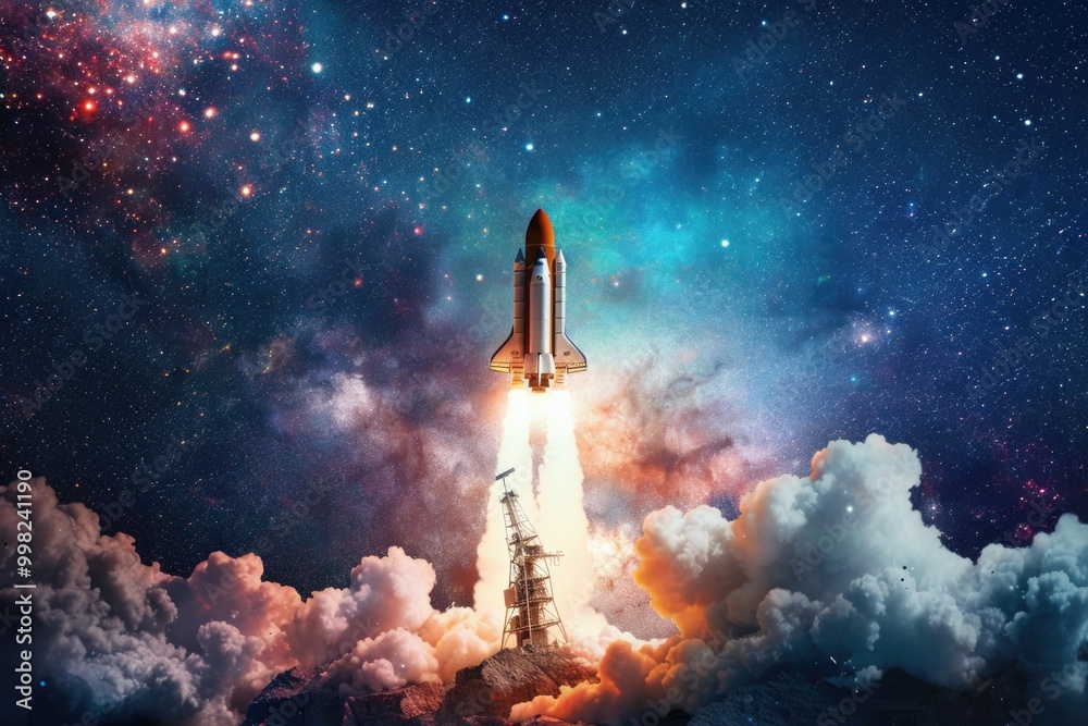 Poster a space shuttle blasting off from its launchpad, soaring into the sky