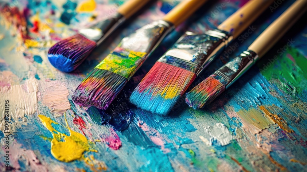Fototapete brightly colored paints and brushes await action on a canvas, showcasing the excitement of abstract 