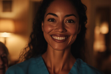 Smiling Healthcare Worker in Blue Uniform, Warm Lighting, Close-Up Portrait