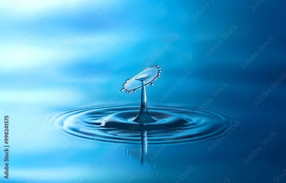 Poster A water drop creates a crown-like splash with concentric ripples in a blue liquid.
