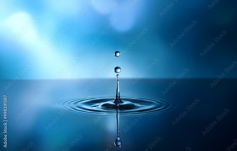 Poster a single water droplet falls onto the surface of still water, creating a circular ripple.