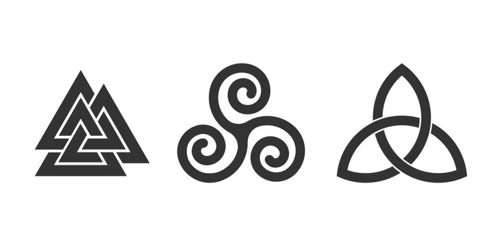 Pagan symbol set. Valknut, triquetra and celtic infinity sign. Nordic culture logo. Vector illustration image.