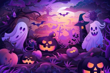 A spooky Halloween scene with pumpkins and ghosts