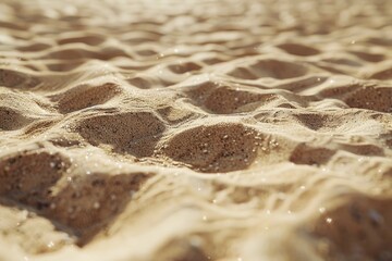 A close-up shot of a sandy beach with small pebbles and shells