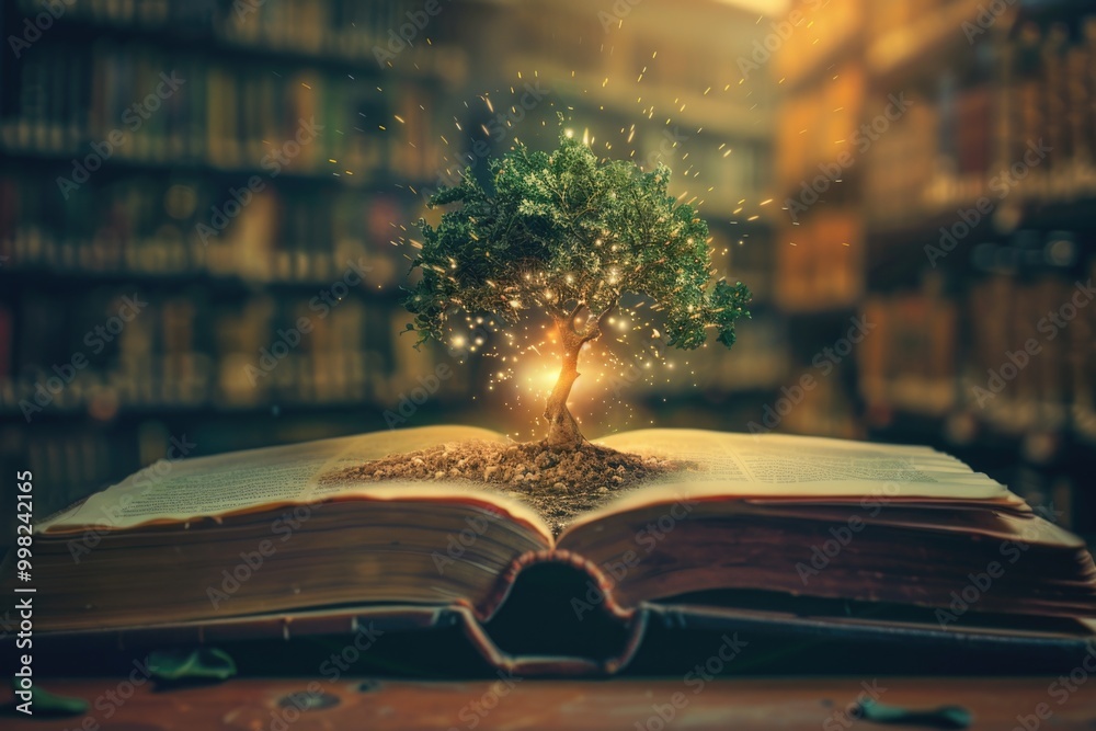 Poster an open book with a tree growing out of it