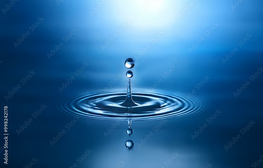 Aufkleber a single water drop falls into still blue water, creating concentric ripples.