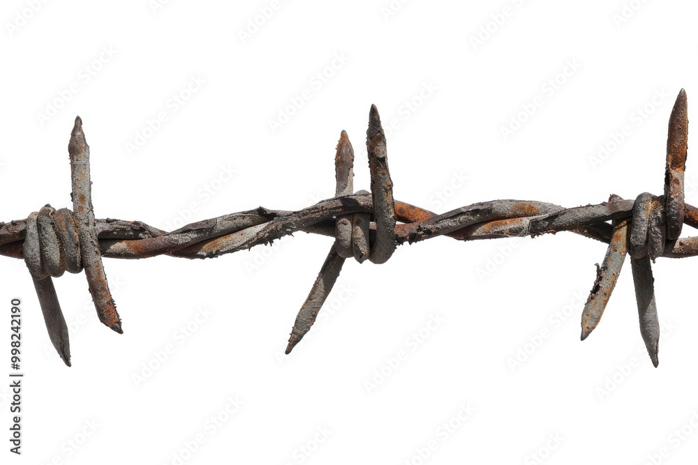 Poster a detailed view of barbed wire on a clean white surface, often used as a border or security feature