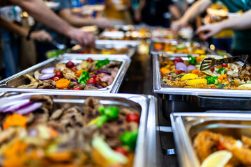 Colorful buffet spread featuring various dishes and fresh ingredients at a festive gathering