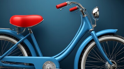 Fototapeta premium A vibrant blue bicycle with a red seat, perfect for leisurely rides and urban exploration against a sleek blue backdrop.