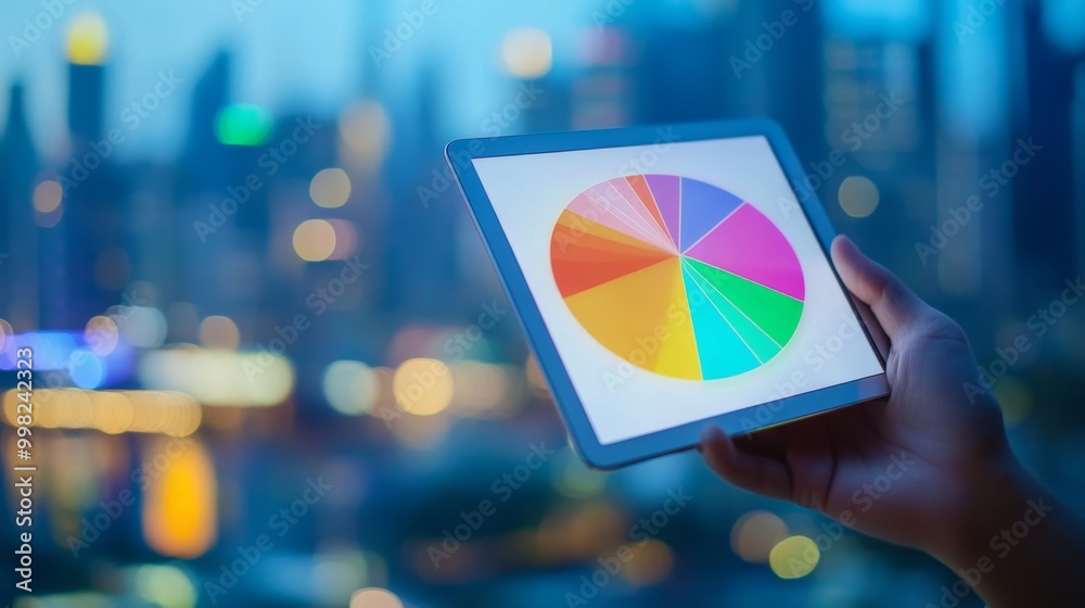 Aufkleber a hand holding a tablet displaying a colorful 3d pie chart, with a blurred cityscape in the backgrou