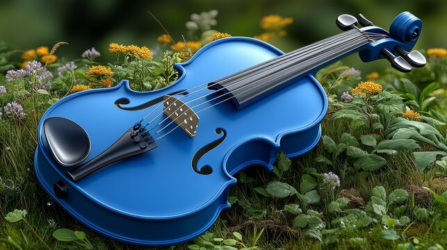 A vibrant blue violin rests among colorful flowers, showcasing the beauty of nature and music in harmony.