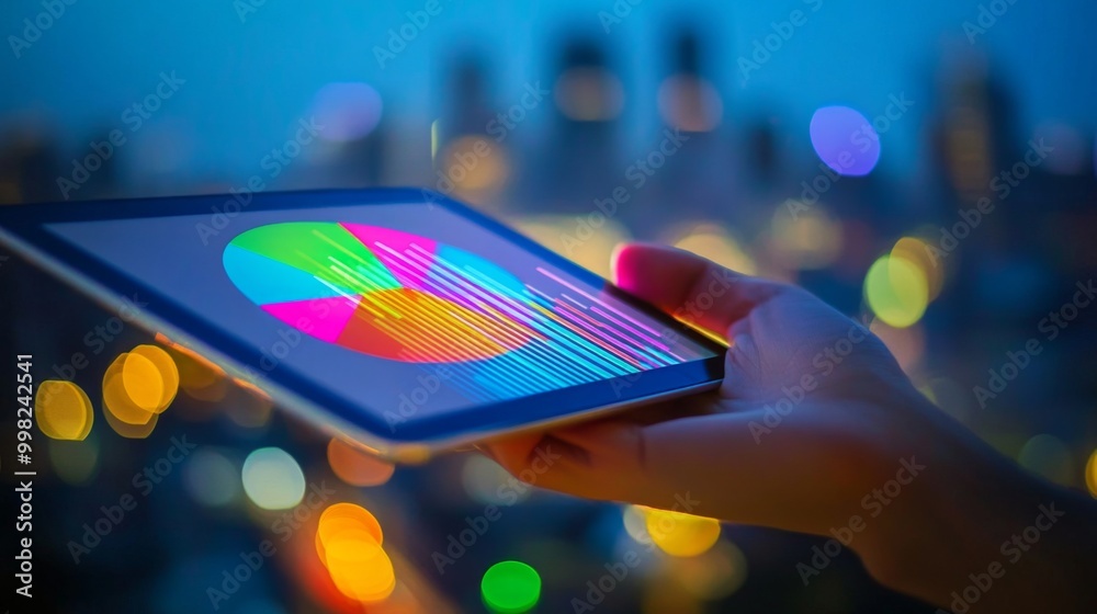 Poster a hand holding a tablet displaying a colorful 3d pie chart, with a blurred cityscape in the backgrou