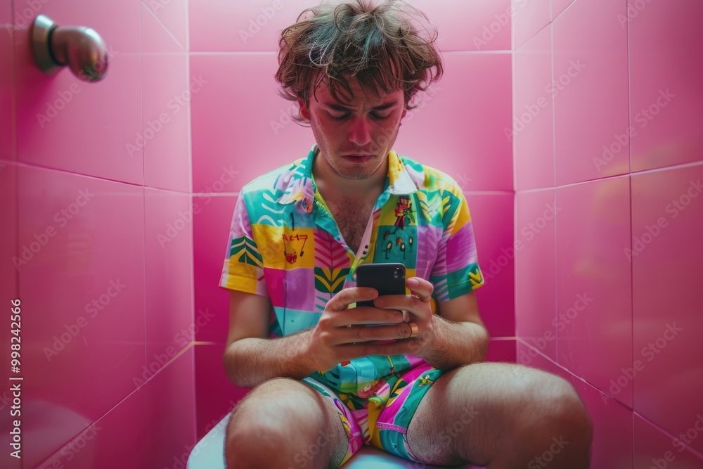 Poster a person sitting on a toilet using their mobile device, a common modern scene