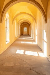 Obraz premium Golden-lit corridor with arched ceilings inviting exploration on a sunny day
