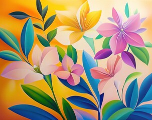 Fototapeta premium Colorful floral display against a warm golden backdrop in a tropical setting