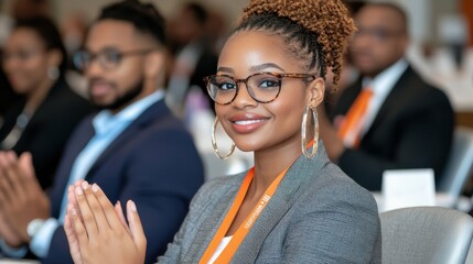 A woman wearing glasses and a gold hoop earring is smiling at the camera. She is sitting in a room with other people, and they are all clapping. Scene is happy and celebratory