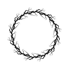 Fototapeta premium Halloween round frame made of dry gnarled scary tree branches. Element halloween decor, isolated on white background.