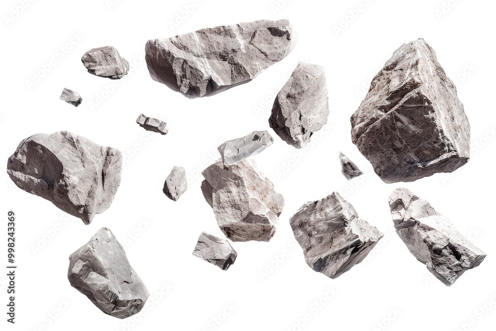 Poster a pile of variously shaped and sized rocks on a clean white background