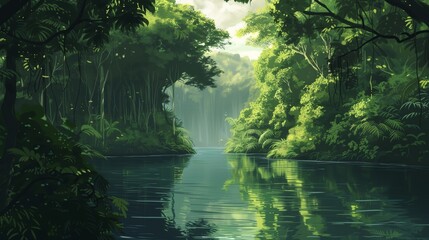 Obraz premium A serene river winds through a lush, green jungle, sunlight filtering through the canopy.