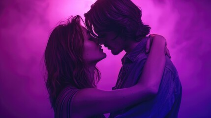 A romantic moment between two people embracing each other in front of a deep purple hue