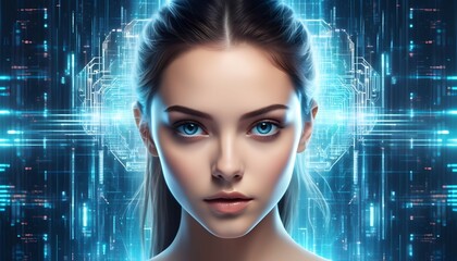 Female face against the background of digital holograms and codes interaction with high technologies, digital assistant, Generative AI
