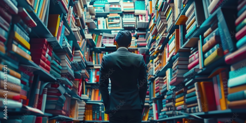 Aufkleber a person walking through a library, possible research or studying activity