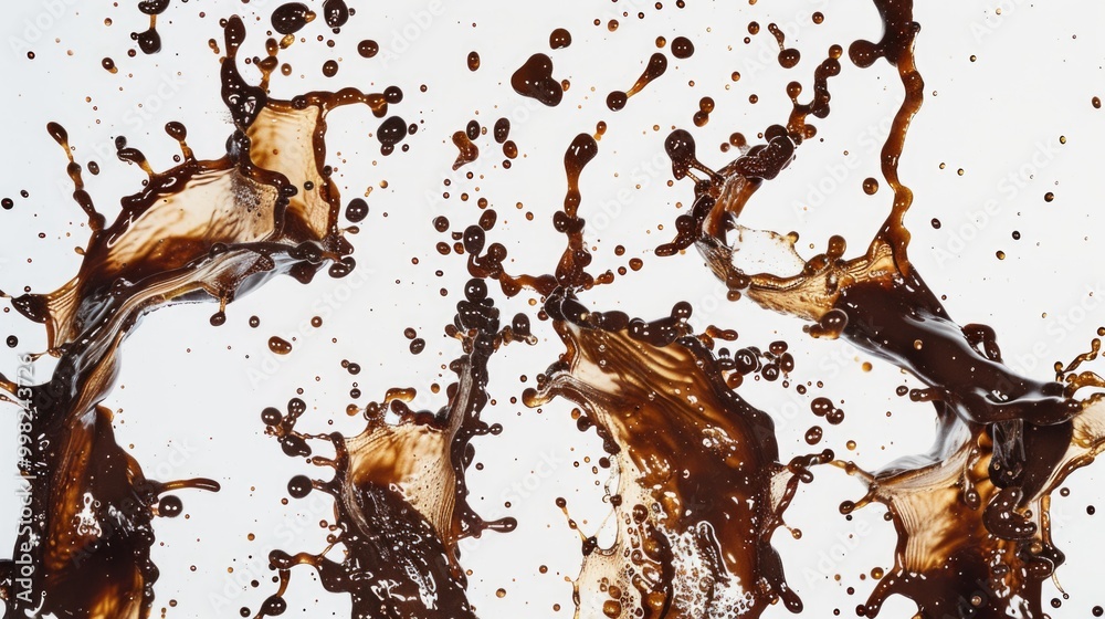 Poster a close-up shot of a liquid splash on a white surface, ideal for use in illustrations or designs whe